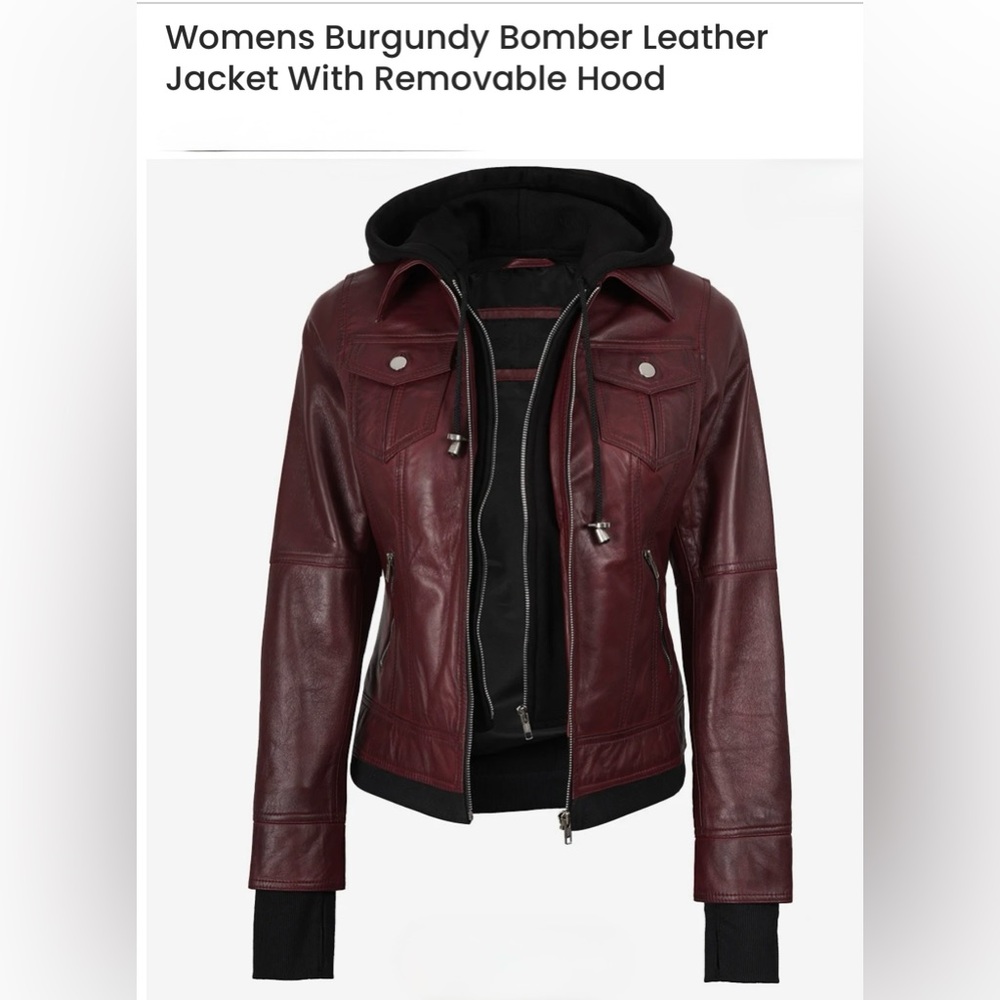 Maroon Bomber Leather Jacket for Women with Removable Hood